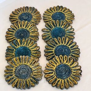 8 Raffia straw flower wicker woven coasters trivets